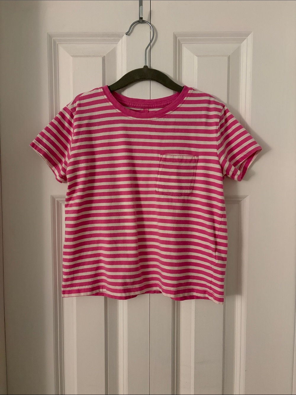 Crewcuts Size 6/7 Girls Pink and White Striped Short Sleeve Pocket Tee
